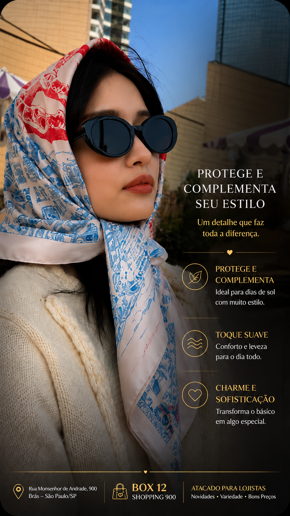 Modelo usando lenço acetinado amarrado na cabeça