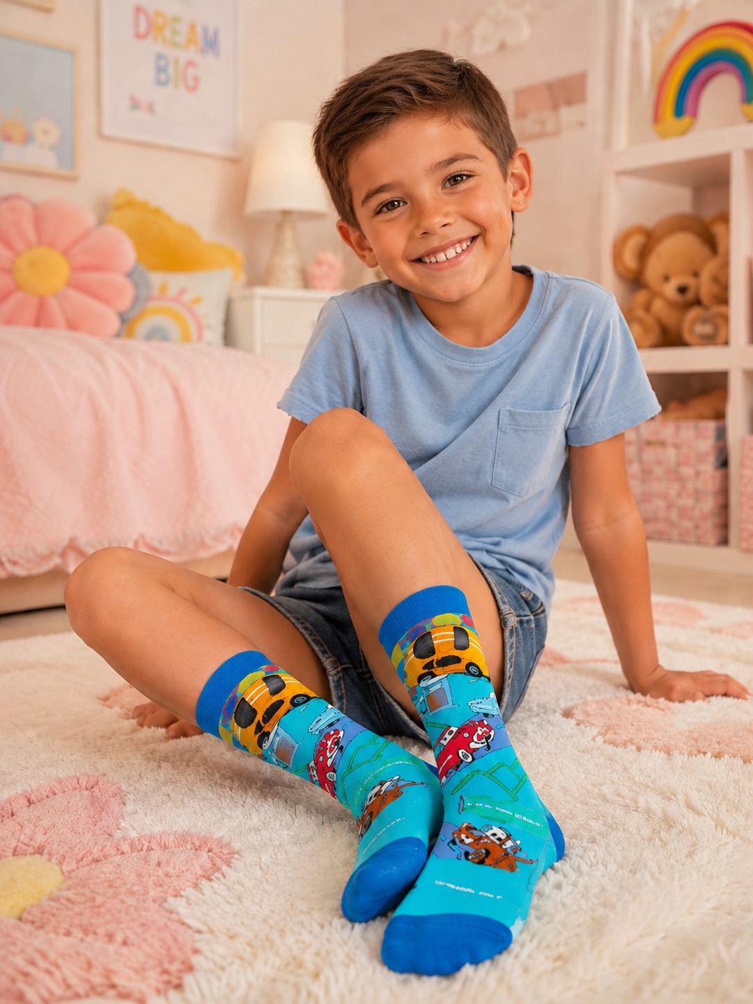 Menino usando meias infantis azuis estampadas com carros